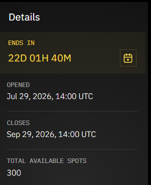 The image shows campaign details for @BeldexCoin, with 22D 01H 40M remaining and 300 total available spots. It lists the campaign as open from Jul 29, 2026 at 14:00 UTC and closing Sep 29, 2026 at 14:00 UTC, reinforcing the post’s mention of a $50K stablecoin reward opportunity for the top 300 contributors.
