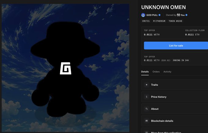 An NFT listing page for 'UNKNOWN OMEN' (token #8248) from the GOD PULL collection, showing a top offer of 0.0111 WETH and a 'List for sale' button.