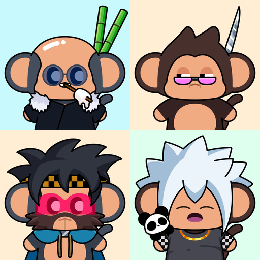 Four cartoon monkey characters styled after anime characters: Master Roshi, a monkey with a sword (possibly Trunks/Goku style), one with a checkered headband, and one with white hair and a panda accessory.