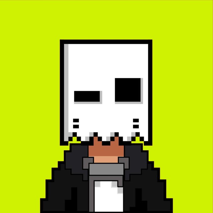 A pixel art character with a white skull-like face and black suit stands against a bright yellow-green background, matching the "2222 Rogues" NFT collection's handmade, chaotic aesthetic promoted for the free mint on Robinhood Chain.