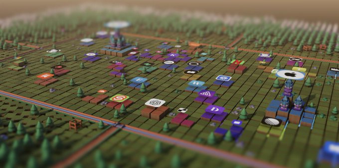 An aerial view of a stylized 3D voxel-based landscape featuring a grid layout with various colored platforms displaying logos including Bitcoin, Doge, Solana, and other cryptocurrency symbols.