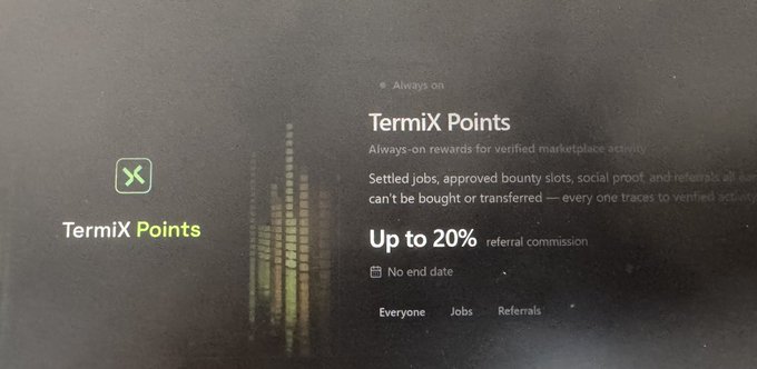 A screenshot displays 'TermiX Points' advertising 'Always-on rewards for verified marketplace activity' and 'Up to 20% referral commission'.
