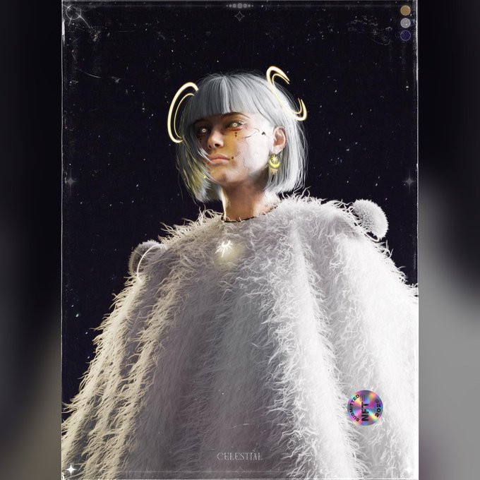 A digital portrait titled "CELESTIAL" shows a person with silver hair, a white fur coat, glowing halo-like ears, and a small frog sticker in the corner.