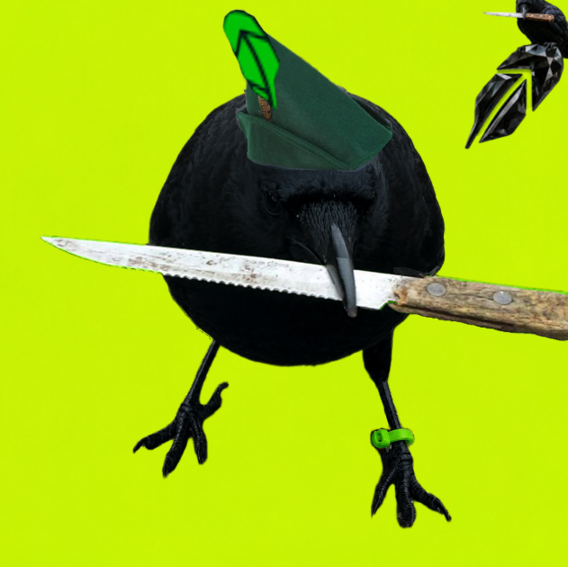 A surreal image of a black crow wearing a green pointed hat, holding a serrated knife in its beak, with another crow's feet visible on the right, set against a neon green background.