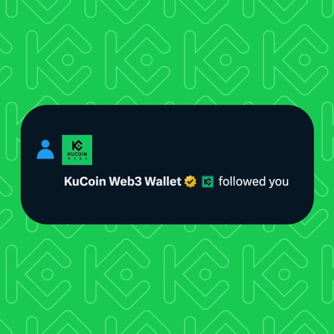 A green-themed graphic with a subtle KC logo pattern displays a dark notification bubble reading "KuCoin Web3 Wallet ✅ KC followed you," highlighting the official wallet's follow notification as a playful response to "Who needs a follow back?"