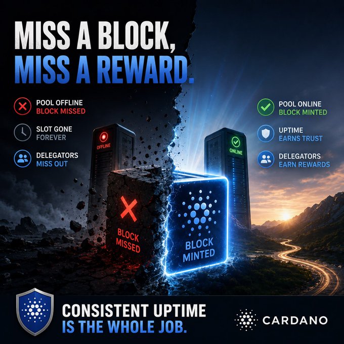 A Cardano promotional graphic titled 'MISS A BLOCK, MISS A REWARD' contrasting offline pool consequences (block missed, slot gone forever, delegators miss out) with online benefits (block minted, uptime earns trust, delegators earn rewards), with the tagline 'CONSISTENT UPTIME IS THE WHOLE JOB.'
