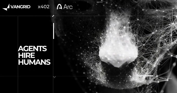 Black-and-white website header for Vangrid x402 Arc, displaying the slogan 'AGENTS HIRE HUMANS' next to a digital wireframe face.