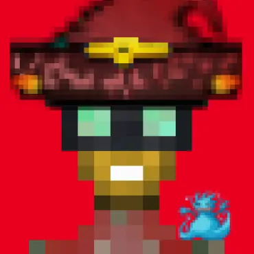 A pixelated cartoon character wearing a large red sombrero with a yellow band, featuring green eyes and a small blue creature beside it on a red background.