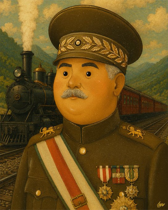 A stylized portrait depicts a mustachioed military figure in a decorated uniform with a sash and medals, set against a backdrop of a steam locomotive traveling through a mountainous landscape. The accompanying caption celebrates the artwork matching the artist's mental vision, and the polished, richly detailed composition suggests a successful realization of that imagined scene.
