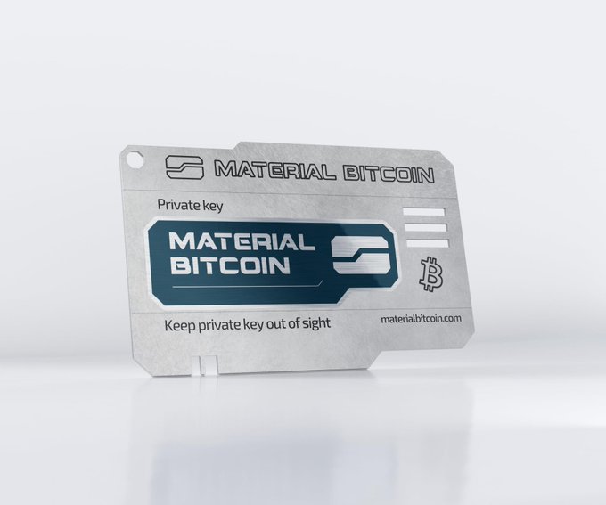 A Material Bitcoin hardware wallet, a metal cold storage card featuring a "Private key" section with a tamper-evident hologram and the instruction "Keep private key out of sight," shown at materialbitcoin.com. The image illustrates the very product the post defends—arguing that despite Bitcoin maximalists criticizing Material Bitcoin's physical design, they ironically praise similar metal cold storage solutions like ColdCard for their security.