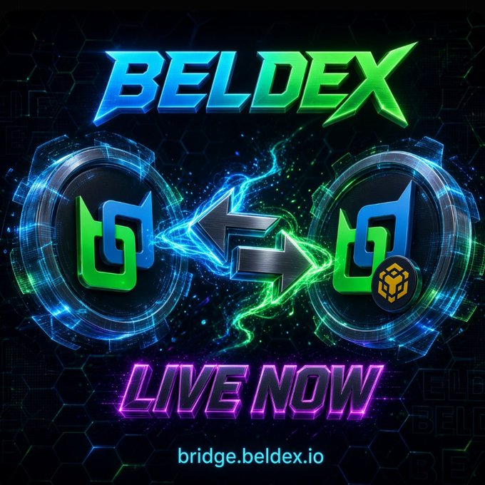 A vibrant promotional graphic for "BELDEX" featuring exchange arrows between token logos, with the text "LIVE NOW" and the URL "bridge.beldex.io".