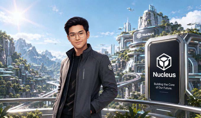 A man in glasses and a dark jacket stands before a futuristic cityscape with a sign reading 'Nucleus - Building the Core of Our Future.'