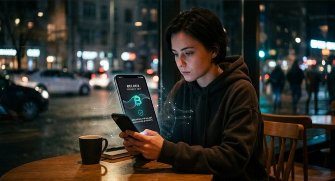 A young man in a hoodie sits at a café table at night, looking at his smartphone which displays a glowing 'GELDEX' crypto wallet interface with digital network graphics floating around it.