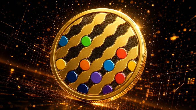 A gold coin featuring colorful buttons in a wavy pattern, set against a glowing orange digital background.