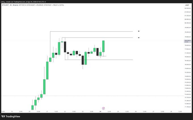 A TradingView candlestick chart for BTCUSDT on Binance shows Bitcoin's price action on August 24, 2026, with price around $79,530 and a noted 4-hour gain of +1.01%.
