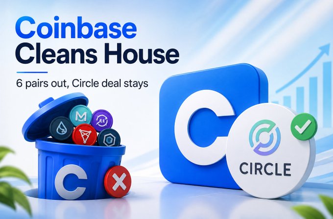 The image illustrates Coinbase's market cleanup, showing a trash bin filled with various crypto tokens alongside its logo and Circle's logo with a checkmark, highlighting the suspension of 6 trading pairs (LSETH-ETH, MINA-EUR, GRT-GBP, MASK-GBP, CHZ-USDT, and CRO-USDT) on August 6 while maintaining the Circle partnership and new BIO listing.