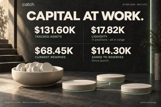 A financial dashboard titled 'CAPITAL AT WORK' from catch.exchange dated 20 SEP 2026 showing $131.60K tracked assets, $17.82K liquidity, $68.45K current reserves, and $114.30K added to reserves.