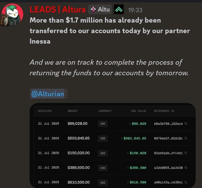 The image is a Discord message from "LEADS | Altura" showing that over $1.7 million has been transferred from partner Inessa, with a screenshot of received transactions dated 21 Jul 2026 totaling $1,722,393.65 USD across five entries, visually confirming the post's claim that Altura is on track to complete the fund-return process by tomorrow.