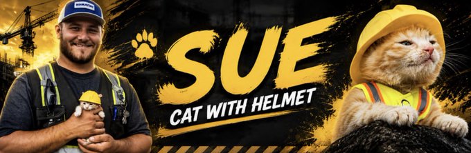 A construction worker holding a kitten wearing a yellow hard hat appears alongside a larger image of the same cat, with bold yellow text reading "SUE — CAT WITH HELMET," visually branding the $SUE meme coin mascot as a recognizable, safety-gear-wearing feline character.