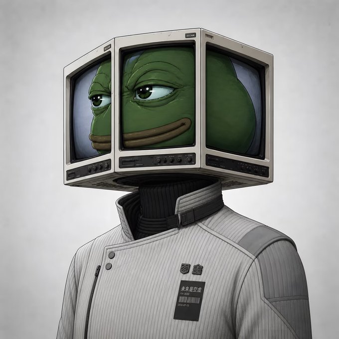 A surreal illustration of a character wearing a spacesuit whose head is replaced by a vintage television set displaying the face of Pepe the Frog.