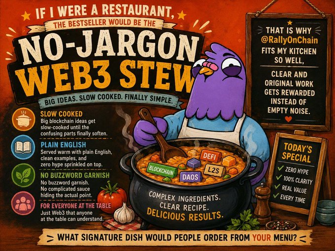 A restaurant-themed graphic for 'NO-JARGON WEB3 STEW' by @RallyOnChain, using cooking metaphors to explain Web3 concepts with sections like 'SLOW COOKED', 'PLAIN ENGLISH', and 'NO BUZZWORD GARNISH'.