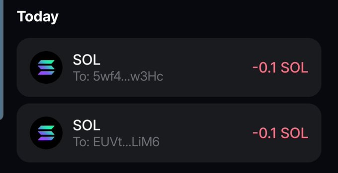 A cryptocurrency wallet activity feed displays two SOL (Solana) transactions labeled "Today," each showing a -0.1 SOL outgoing transfer to recipients with addresses beginning "5wf4...w3Hc" and "EUVt...LiM6," corresponding to the post's mention of sending 0.1 SOL each to two recipients.