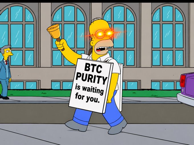 A Simpsons-style cartoon showing Homer Simpson dressed as a prophet with glowing red eyes, holding a bell and a sign that reads 'BTC PURITY is waiting for you.'