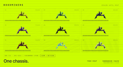 A yellow-green webpage from HOODRUNNERS displays various tennis court reservation grids labeled 'JUMP + NETLIFY' and 'One chassis. FREE MINT'.