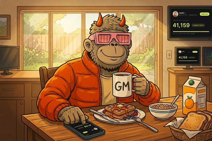 An illustrated furry monkey wearing pink shutter shades and an orange jacket holds a 'GM' mug at a breakfast table, with a smartphone and computer monitor showing '41,159' nearby.