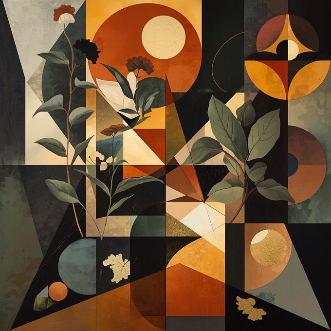 Abstract geometric art piece combining cubist-style shapes (circles, triangles, rectangles) in earthy tones of orange, brown, cream, and green, integrated with botanical illustrations of leaves and flowers.