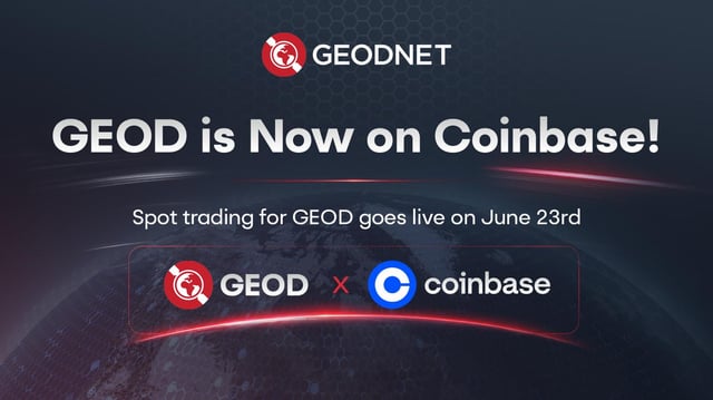 A promotional graphic announcing 'GEOD is Now on Coinbase!' with the GEOD and Coinbase logos, stating 'Spot trading for GEOD goes live on June 23rd.'