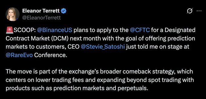 A screenshot of a tweet from Eleanor Terrett (@EleanorTerrett) announcing a scoop that Binance US (@BinanceUS) plans to apply to the CFTC (@CFTC) for a Designated Contract Market (DCM) status next month to offer prediction markets, as revealed by CEO @Stevie_Satoshi at the @RareEvo Conference, aligning with the accompanying post about Binance US's return strategy featuring lower trading fees and expansion into futures and prediction markets.