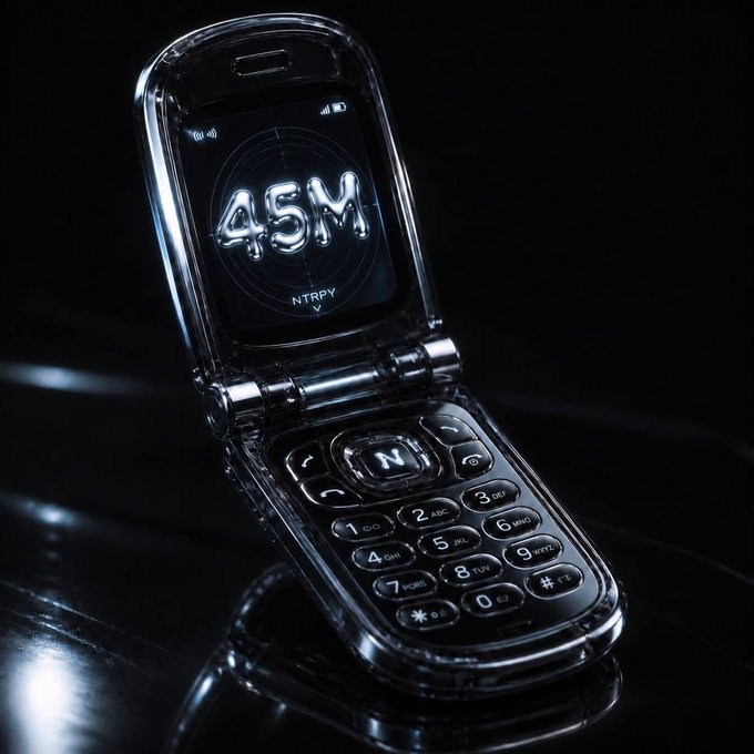 A sleek flip phone displays the text "45M" on its screen with "NTRPY" below it, suggesting a $45 million figure tied to the NTRPY brand. The retro-style device against a dark backdrop symbolically conveys the message's anticipation of a major launch or announcement, with the "45M" possibly representing a notable milestone or figure related to the "sick launches" mentioned.