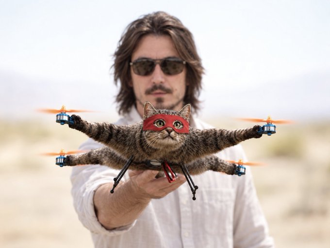 A man with sunglasses and a mustache holds a tabby cat outfitted with a red superhero mask and four drone propellers, humorously embodying the "Redcat can fly" meme as a play on Red Cat Holdings (RCAT) and drone technology.