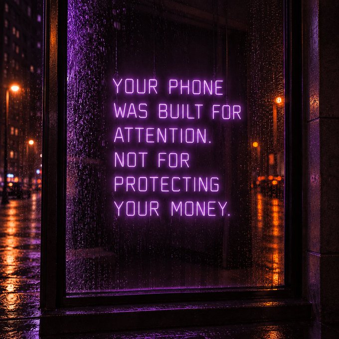 A neon sign in a rainy window reads, "YOUR PHONE WAS BUILT FOR ATTENTION. NOT FOR PROTECTING YOUR MONEY."
