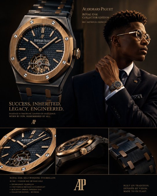 An advertisement for the Audemars Piguet Royal Oak Collector Edition watch priced at REF. 26574TP.OO.1220PT.01, featuring a man in a dark suit wearing glasses, with the tagline 'SUCCESS. INHERITED. LEGACY. ENGINEERED.'