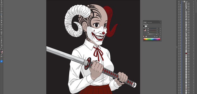 A digital illustration of a smiling female anime character with white curled horns, red hair, and a white collared shirt holding a katana, displayed within an image editing software interface.