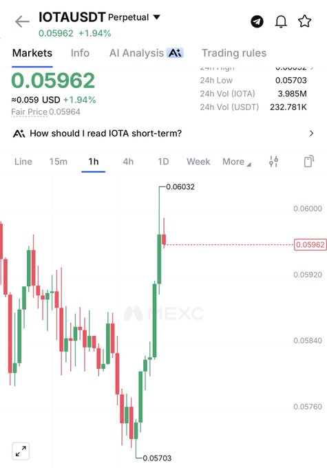 A cryptocurrency trading chart displaying the IOTAUSDT Perpetual pair at 0.05962 USD (+1.94%), with 1-hour candlesticks showing recent price action ranging between a 24h low of 0.05703 and high of 0.06032, illustrating $iota's short-term upward movement after a dip.