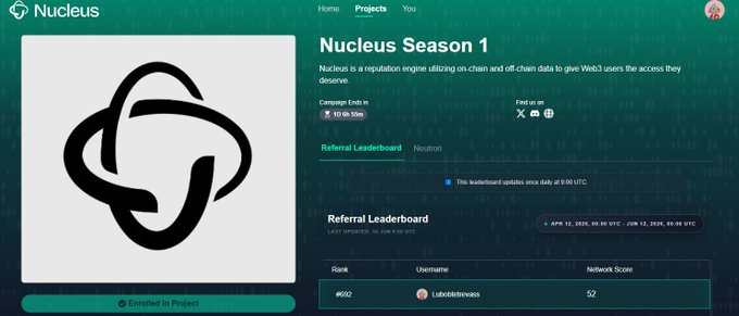 The image presents a screenshot of a webpage displaying information about a person's project. A white logo with an abstract design at its center is visible within the browser window, possibly indicating the user's affiliation with Nucleus or some related concept. The background of the screen is predominantly green and teal. The content on this page suggests that someone has been following the @NucleusCodes ecosystem for a long time, as they want to be influential in X space. This notion emphasizes their commitment to the project's success and likely involves networking or utilizing other Nucleus code-based platforms.
