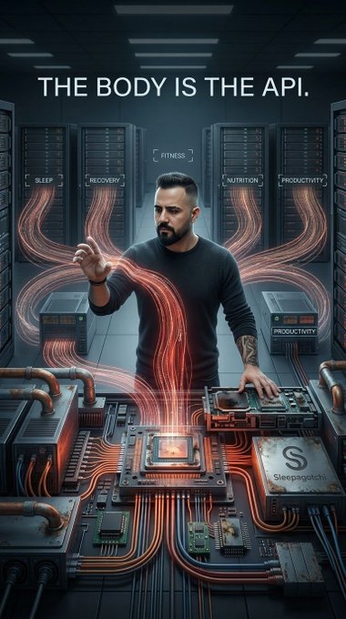 A sci-fi style advertisement with a man manipulating glowing red data streams connected to computer hardware, featuring the phrases "THE BODY IS THE API," "FITNESS," "SLEEP," "RECOVERY," "NUTRITION," "PRODUCTIVITY," and a "Sleepagotchi" logo.
