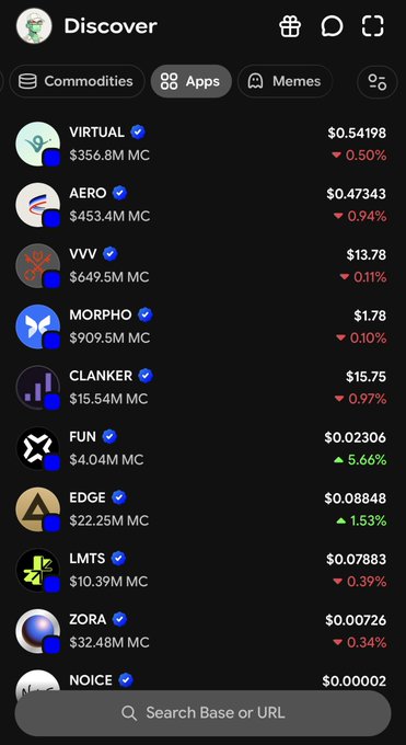The image shows a "Discover" section in the Base app featuring verified tokens with blue checkmark badges, including VIRTUAL ($0.54198, $356.8M MC), AERO ($0.47343, $453.4M MC), VVV ($13.78, $649.5M MC), and MORPHO ($1.78, $909.5M MC), highlighting the new token verification feature mentioned in the post. Each token displays its current price, market cap, and percentage change, with most showing slight declines except FUN (+5.66%) and EDGE (+1.53%).