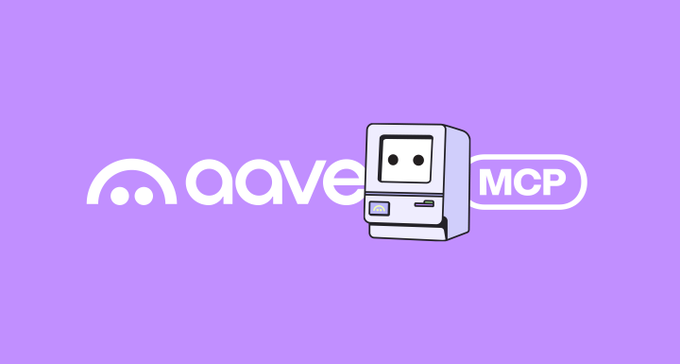 A purple graphic displays the white "aave" logo on the left, a cartoonish computer character in the center, and the text "MCP" inside a rounded rectangle on the right.