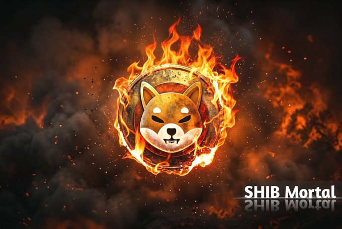 The image features a flaming Shiba Inu logo, the iconic mascot of the SHIB cryptocurrency, encircled by a fiery shield against a smoky, ember-filled backdrop, visually amplifying the post's message about burning 3.24 billion $SHIB tokens at a surging rate. The text "SHIB Mortal" appears in the bottom right, reinforcing the dramatic theme of token destruction.