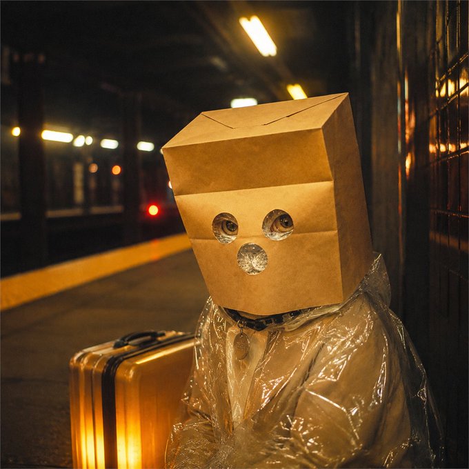 A figure wears a cardboard box over their head with cutouts for eyes and a mouth, dressed in a crinkly, transparent plastic jacket and standing next to a metallic gold suitcase in a dimly lit subway station.