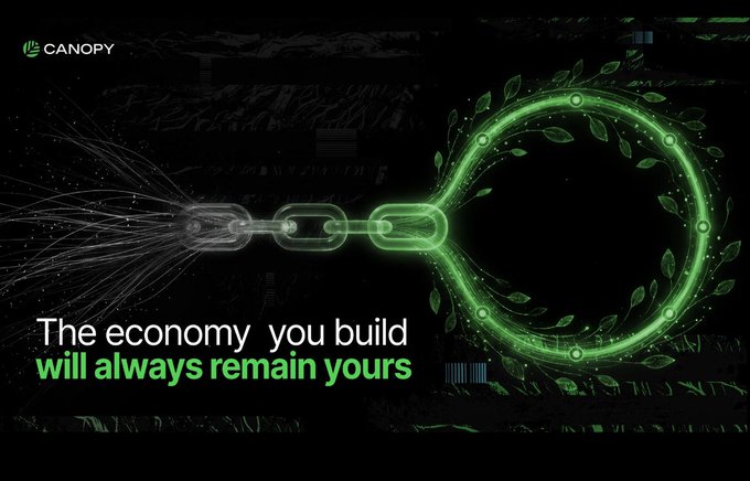 A promotional graphic for 'CANOPY' features a glowing green chain link and reads 'The economy you build will always remain yours.'
