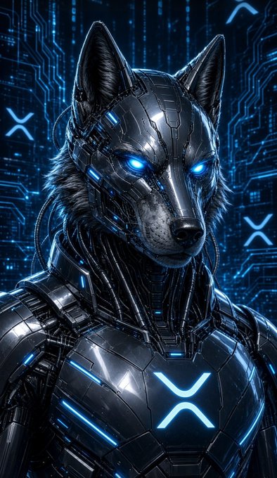 A digital artwork depicting a futuristic cybernetic wolf with glowing blue eyes and metallic armor featuring an X-shaped blue emblem, set against a circuit board background with falling code.
