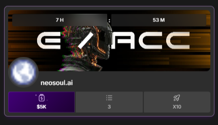 A dark dashboard profile page for 'neosoul.ai' displaying a glitched avatar, the text 'GXACC', a balance of '$5K', and follower/post stats.