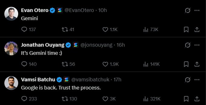 A screenshot of three Twitter/X posts from Evan Otero (@EvanOtero), Jonathan Ouyang (@jonsouyang), and Vamsi Batchu (@vamsibatchuk) simply announcing "Gemini," "It's Gemini time :)," and "Google is back. Trust the process," respectively—echoing the post's criticism of how Google insiders responded to Gemini's launch with vague, low-information hype rather than substantive technical details.