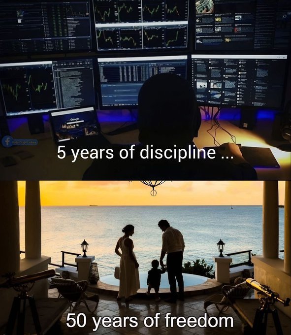 A two-panel motivational image contrasting a hooded figure in a dark room surrounded by multi-monitor trading screens (top) with a silhouetted family of three standing at an ocean-view balcony at sunset (bottom), captioned "5 years of discipline ... 50 years of freedom." The image visually reinforces the "lock in" message by linking years of intense trading focus to long-term financial freedom and a wealthy lifestyle.