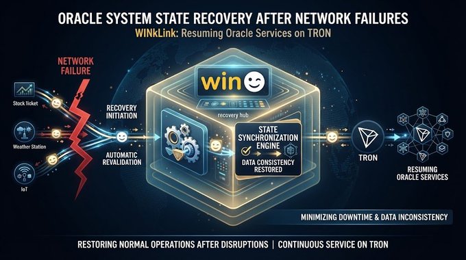 An infographic titled 'Oracle System State Recovery After Network Failures' illustrating WinkLink resuming Oracle Services on TRON, highlighting state synchronization engine and data consistency.